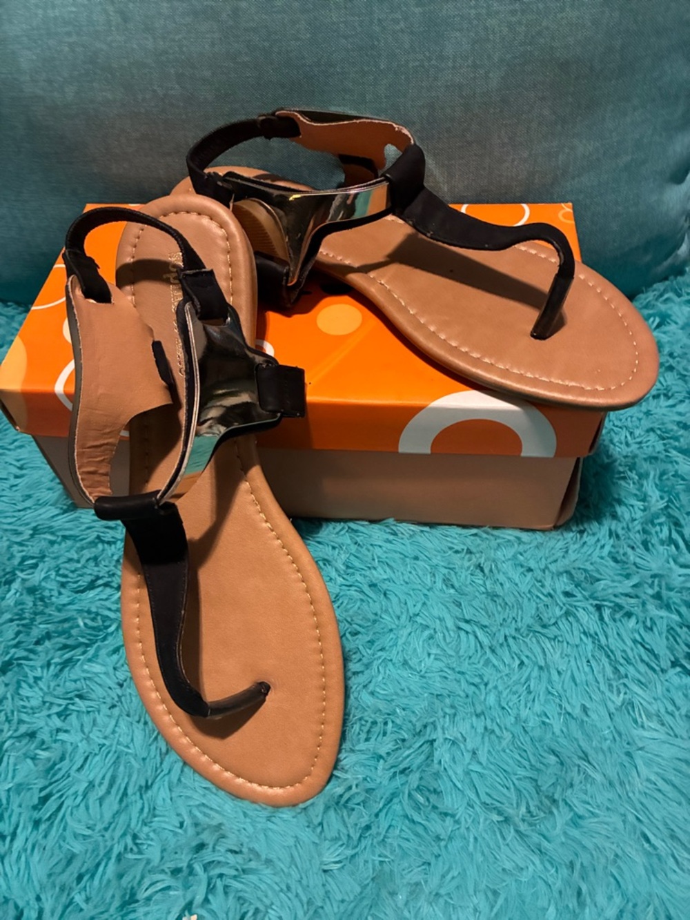 Sophia & Kate  Black and Tan Metallic-Trim T-Strap Sandals
